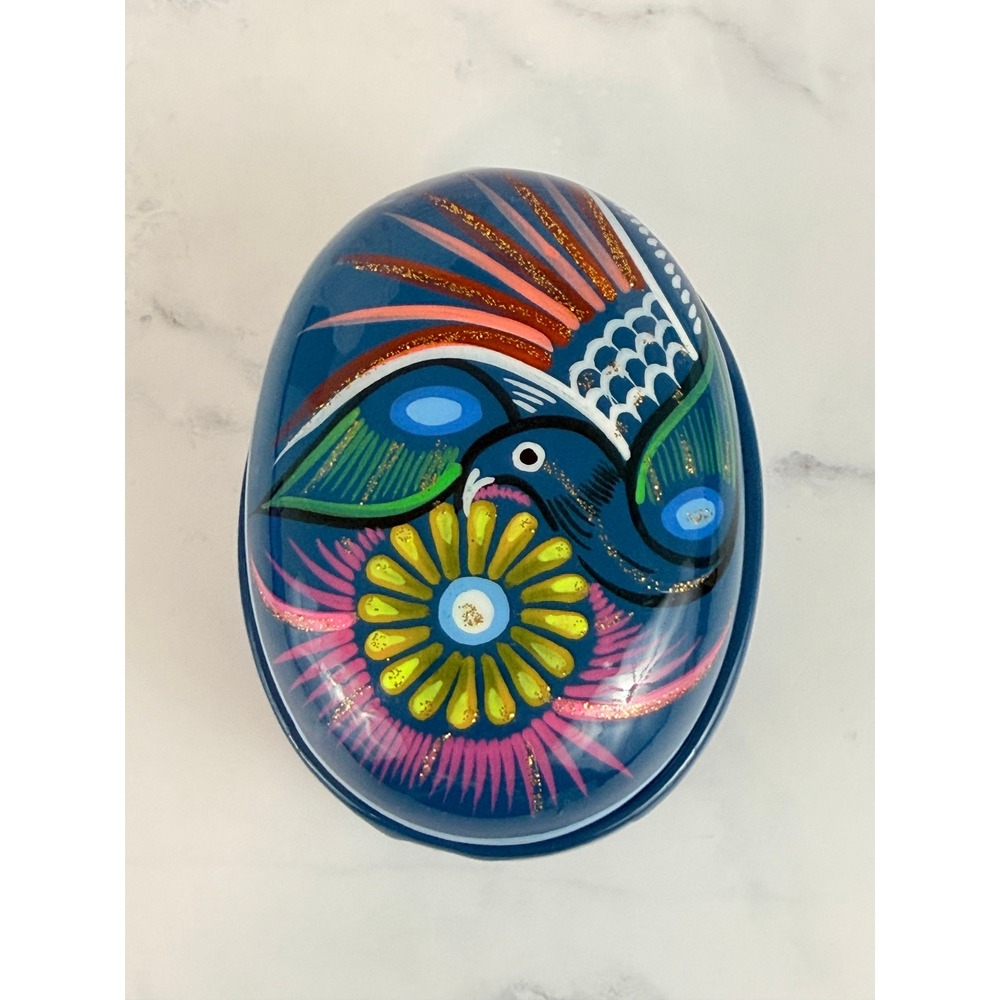 Hand Paintedâ Mexican Terracotta Oval 4" X3" Lidded Trinket Dish Blue Floral